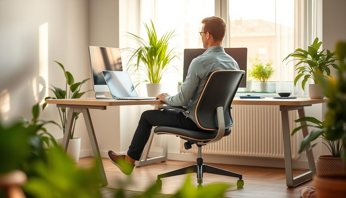 Remote worker sitting with proper ergonomic posture at laptop desk with good back alignment