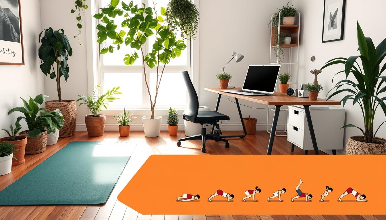 Remote worker performing pushups at home office for daily fitness routine and strength training